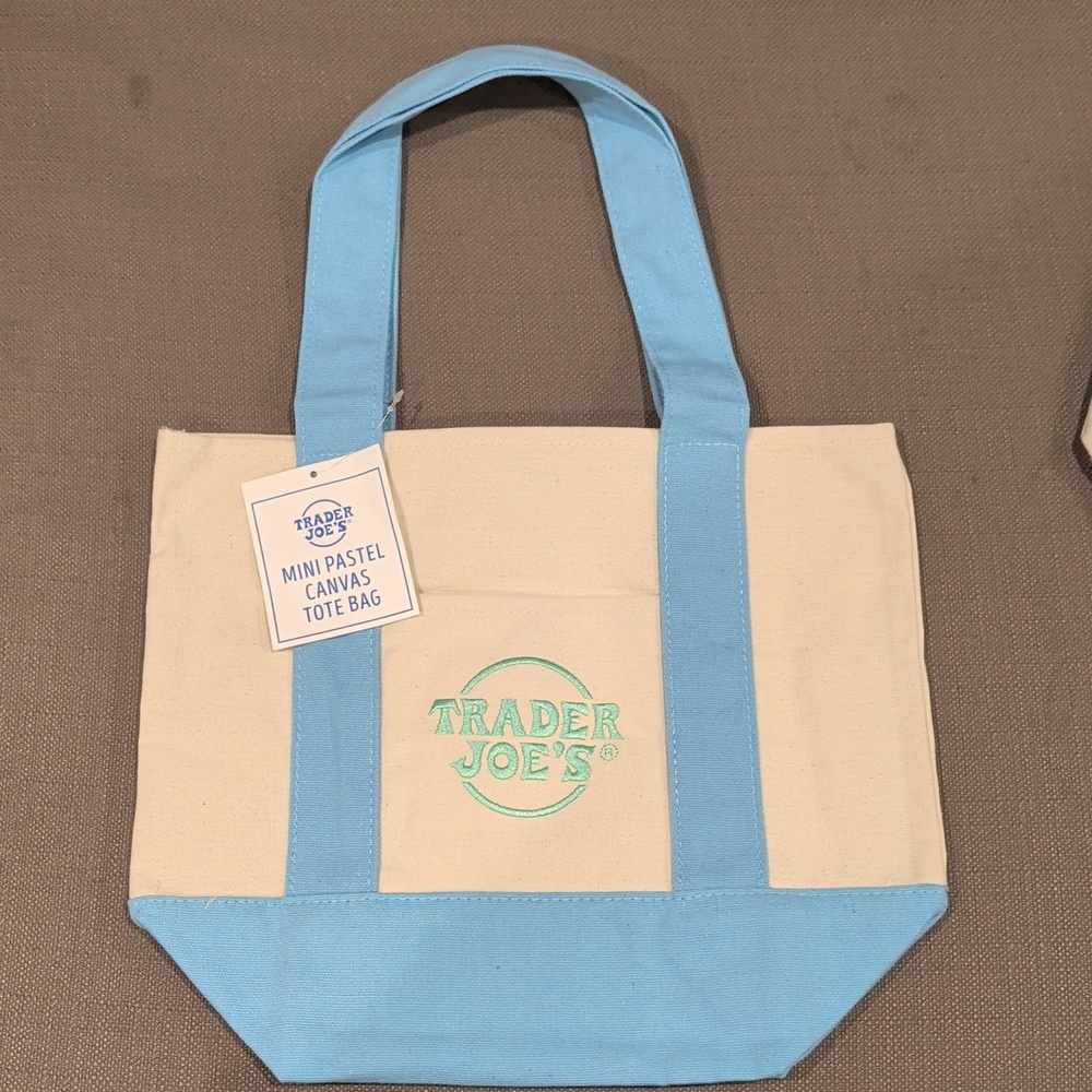 Trader Joes Mini Pastel Canvas Tote Bag Baby Blue NWT